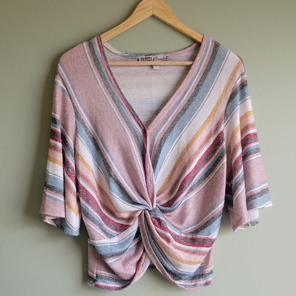 Gypsies & Moondust Twisted Colorful Striped Surplice Boho Chic Top Size S